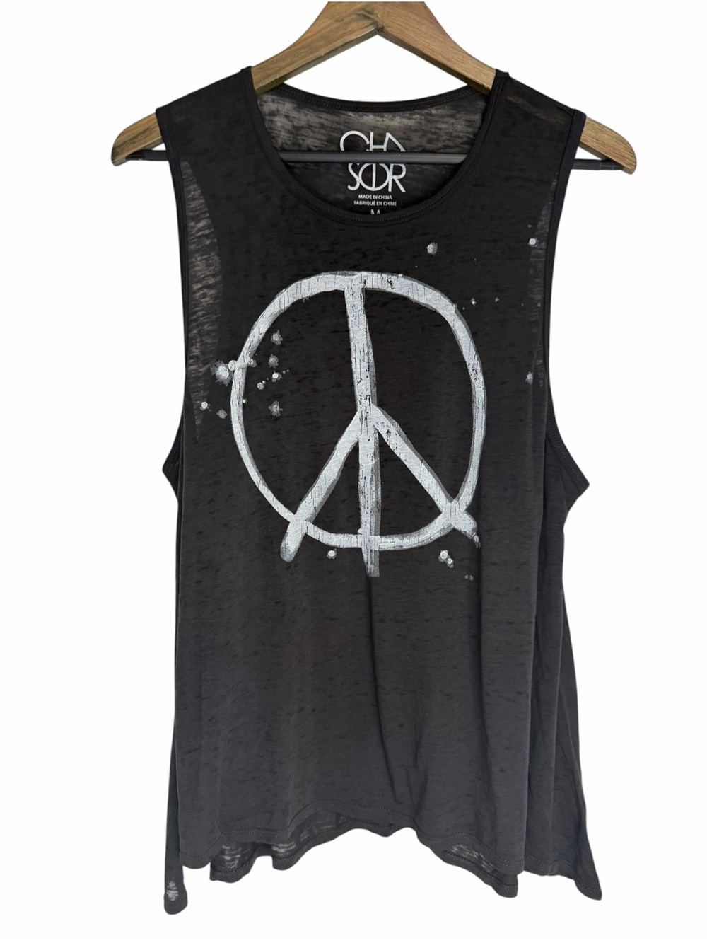 Chaser Peace Sign Graphic Muscle Tank Charcoal Gray Rocker Boho size Medium